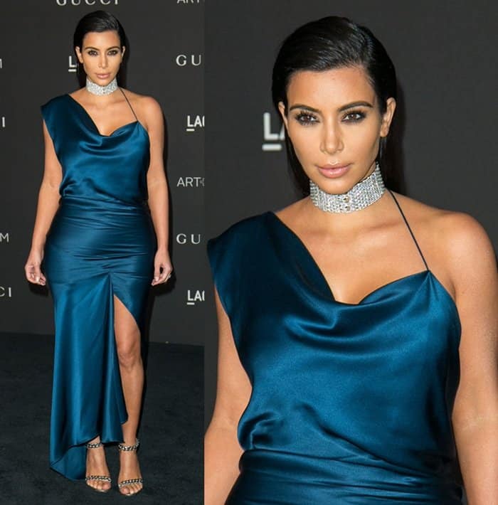 Kim Kardashian stuns in a deep blue-green silk Cushnie et Ochs gown with a thigh-high slit and a dazzling Cartier choker at the 2014 LACMA Art + Film Gala