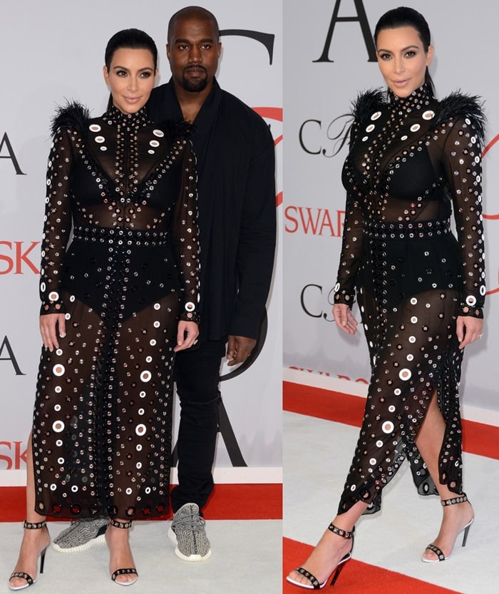 Kim Kardashian turned heads in a daring custom Proenza Schouler sheer black dress adorned with oversized metallic eyelets, paired with matching ankle-strap sandals while attending the 2015 CFDA Fashion Awards with Kanye West