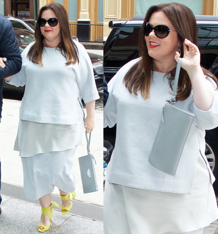 Melissa McCarthy brightened the sidewalk in neon yellow suede peep-toe heels, pairing the vibrant sandals with a soft dove-gray layered ensemble for a fresh daytime contrast