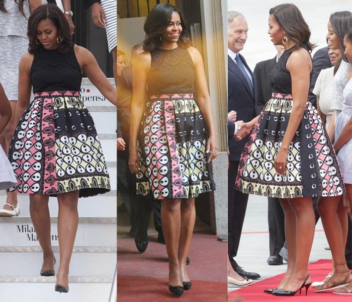 Michelle Obama in a fitted black top and a playful yellow-and-pink skirt by Duro Olowu in Italy