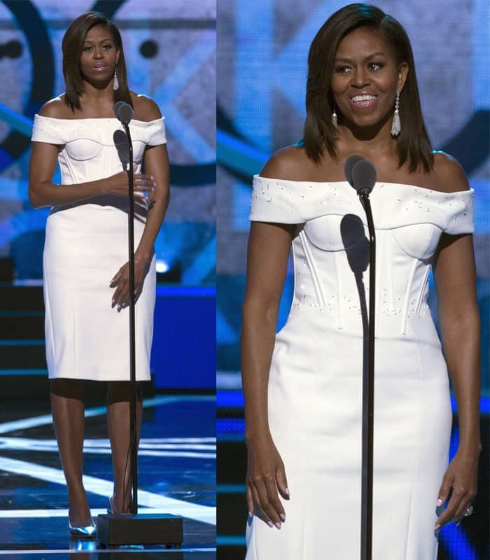 Michelle Obama kept it classic yet contemporary in a white, off-the-shoulder, knee-length dress from Zac Posen's Fall 2015 collection