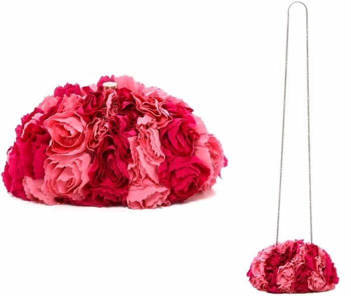 Santi Flower Clutch ($265) – Bursting with textured dimension, this romantic clutch features layered pink and red fabric petals and a detachable chain strap for versatile styling
