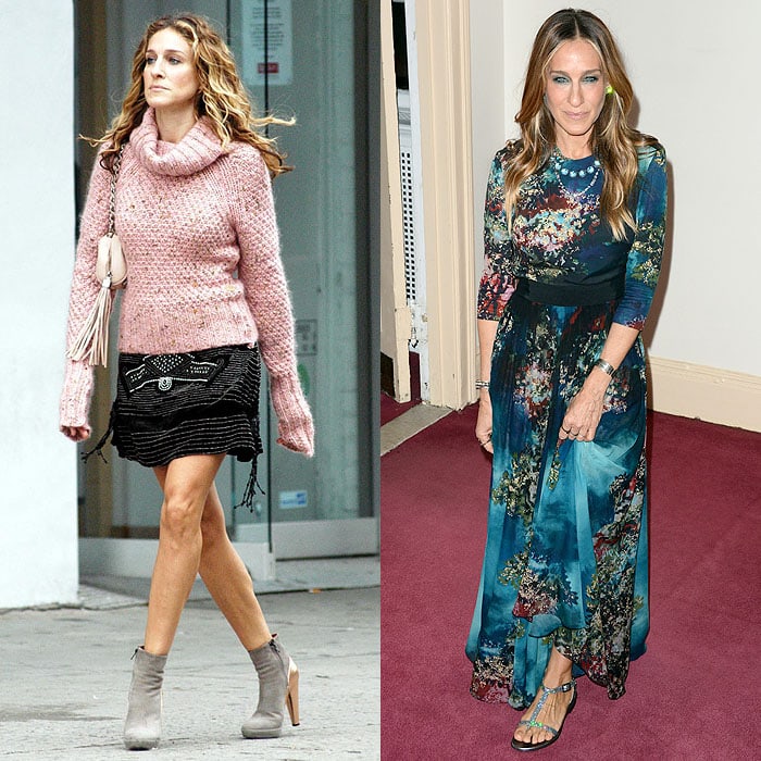 Sarah Jessica Parker steps out in high-heeled booties while filming Sex and the City in NYC's Meatpacking District on November 6, 2003, and later opts for glittery flats at the Irish Repertory Theatre’s Annual Gala at The Town Hall in New York City on June 8, 2015
