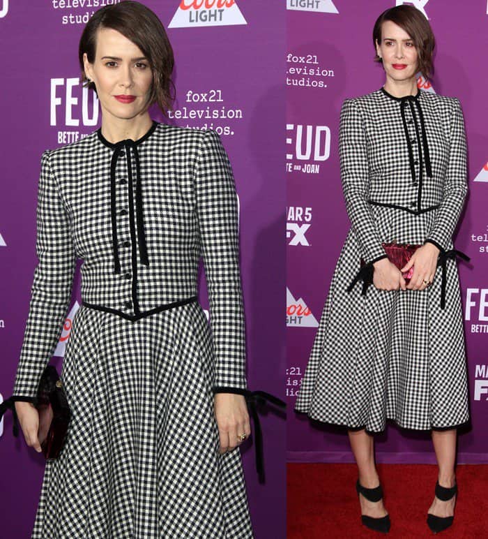 Sarah Paulson in a black white checkered print Valentino dress