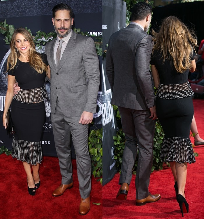 Sofia Vergara wowed in a black peplum-detail midi dress and Christian Louboutin Highness platform pumps, joined by Joe Manganiello in a gray suit at the Jurassic World premiere at the Dolby Theatre in Hollywood on June 9, 2015