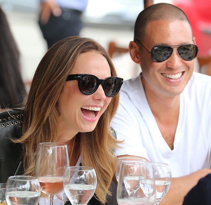 Stacy Keibler and Jared Pobre, friends for years before beginning their relationship in 2013, share a laugh during a relaxed lunch date at Il Pastaio in Beverly Hills