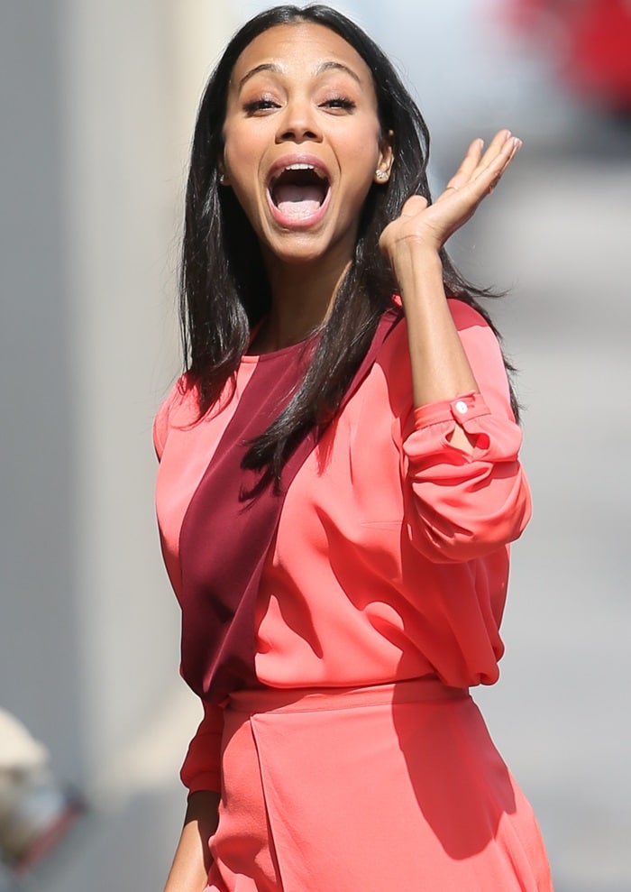 Zoe Saldaña rocking a look from Tanya Taylor's Fall 2015 line