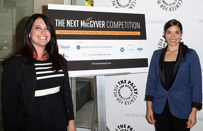 America Ferrera and Julie Ann Crommett at the Live Pitch Event for "The Next MacGyver" in Los Angeles on July 28, 2015