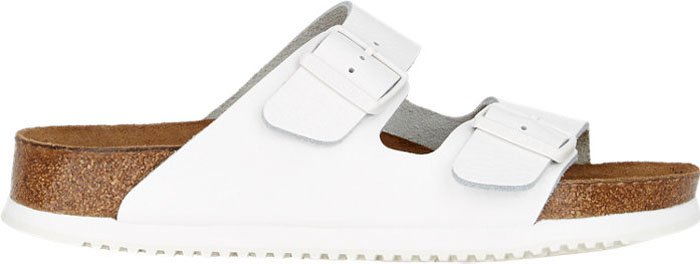 White Birkenstock Arizona sandals with contoured footbed and minimalist two-strap design