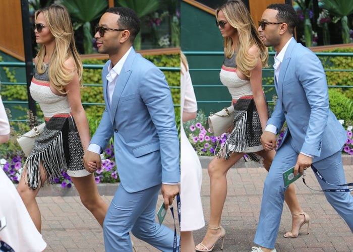 Chrissy Teigen and John Legend turn heads at Wimbledon, with Chrissy in a stylish fringed mini dress and nude heels, while John complements her look with a dapper light blue suit