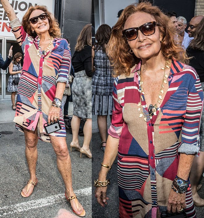 Diane von Fürstenberg exuded a playful vibe in a simple yet chic shirt-dress adorned with buttons along the front at the New York Fashion Week Men's S/S 2016 Opening Press Conference