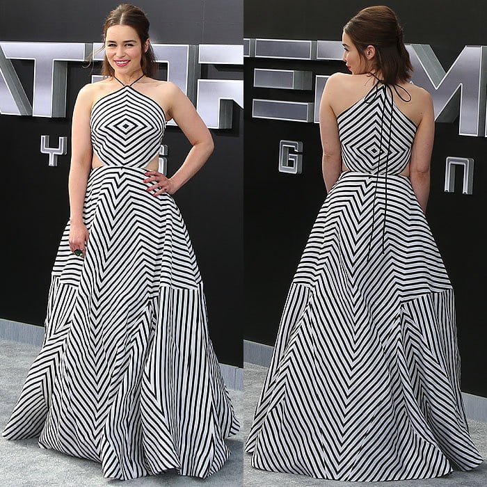 Emilia Clarke's unforgettable Rosie Assoulin striped gown at the "Terminator Genisys" premiere prompts us to explore the ideal footwear choices that would complement such a statement dress