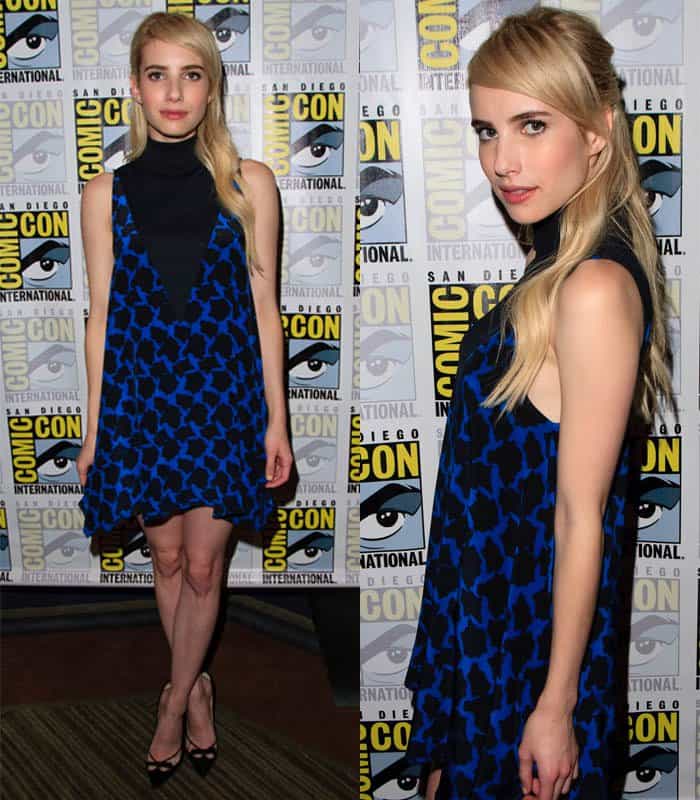Emma Roberts elegantly wore Tanya Taylor F/W 2015 matching separates, complemented by chic black Bionda Castana bow pumps