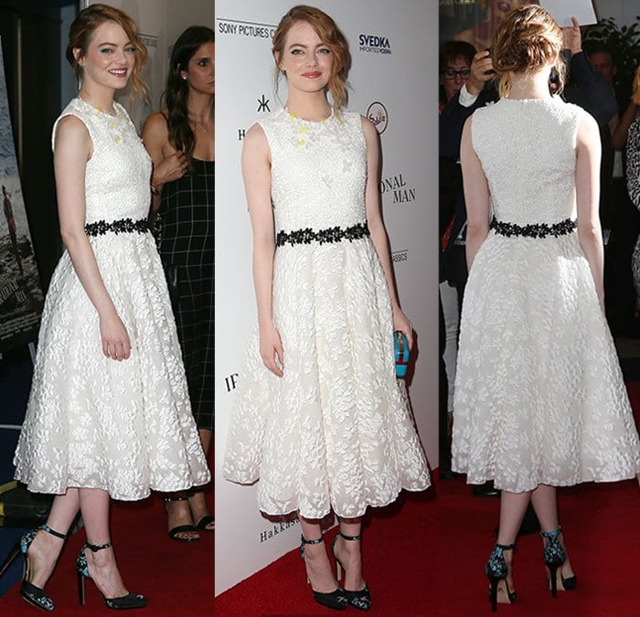 Emma Stone gave her romantic Giambattista Valli look a modern finish with floral-print Paul Andrew “Kashi” heels and a loosely swept updo