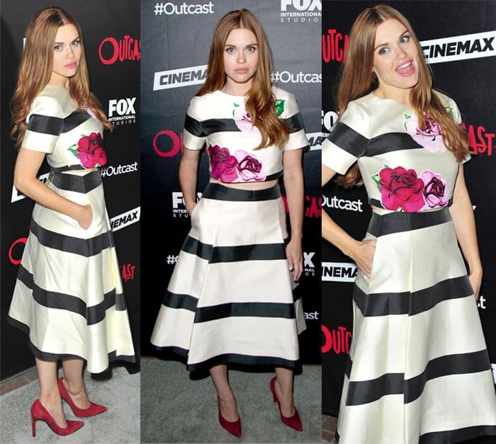 Holland Roden exuded retro charm in a black-and-white striped Kate Spade dress adorned with bold floral appliqués, perfectly punctuated by red Stuart Weitzman “Queen” pumps