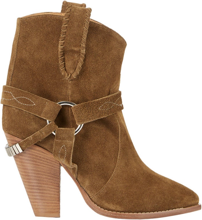 Isabel Marant Étoile Rawson harness boots combined a pointed toe, stacked block heel, and signature harness hardware, helping define the brand's Western-inspired aesthetic during the mid-2010s