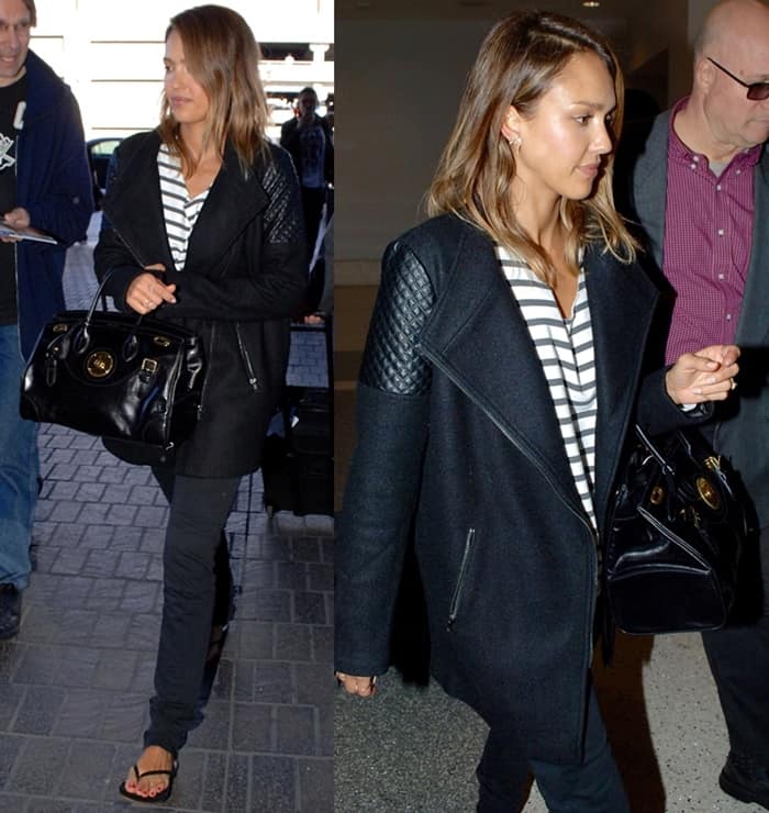 Jessica Alba masters casual chic at LAX Airport on March 2, 2015, wearing an Anine Bing striped sweatshirt, Ragdoll LA track pants, and a Heartloom Telly jacket, accessorized with Tkees Glosses flip flops, a Luna Skye moonstone ring, and a timeless Ralph Lauren Ricky bag