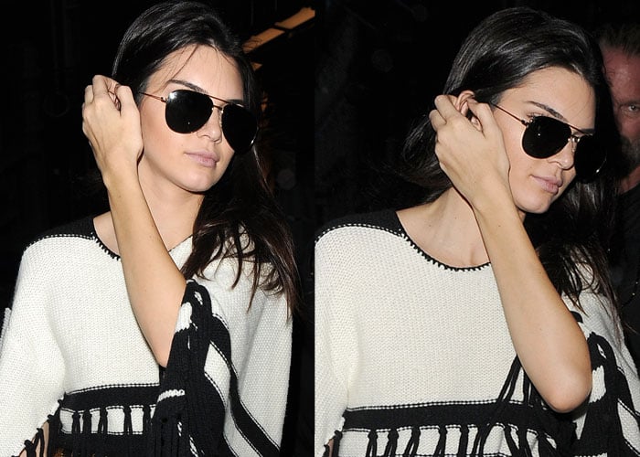 A closer look highlights Kendall’s understated beauty styling, with aviator sunglasses and a monochrome palette anchoring the ensemble