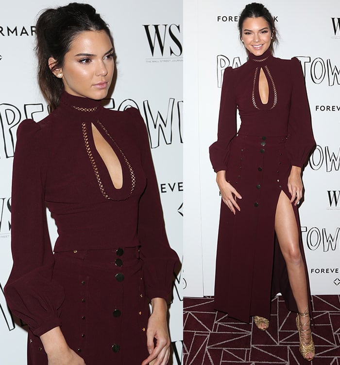 Kendall Jenner pulled her dark hair up into a messy ponytail