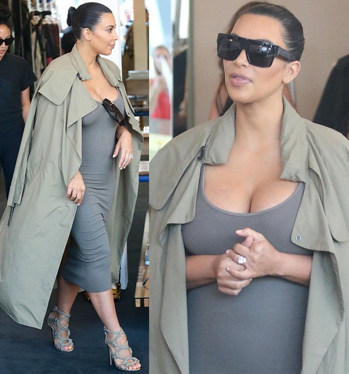 The clingy low-cut dress flaunted her ample cleavage, curvy hips, and burgeoning baby bump