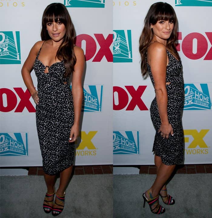 Lea Michele flaunted her curves in a flirty black-and-white printed dress, adding a pop of personality with vibrant multicolor Jimmy Choo “Vigo” sandals that tied her chic summer look together