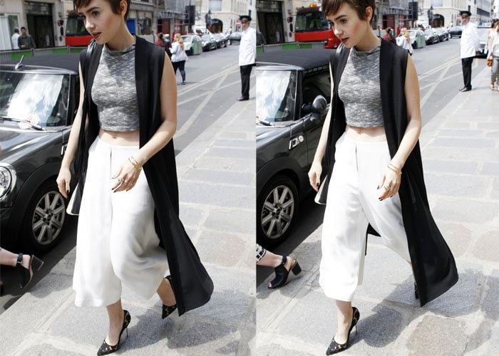 Lily Collins rocks Elizabeth and James Presli wide-leg pants in crepe