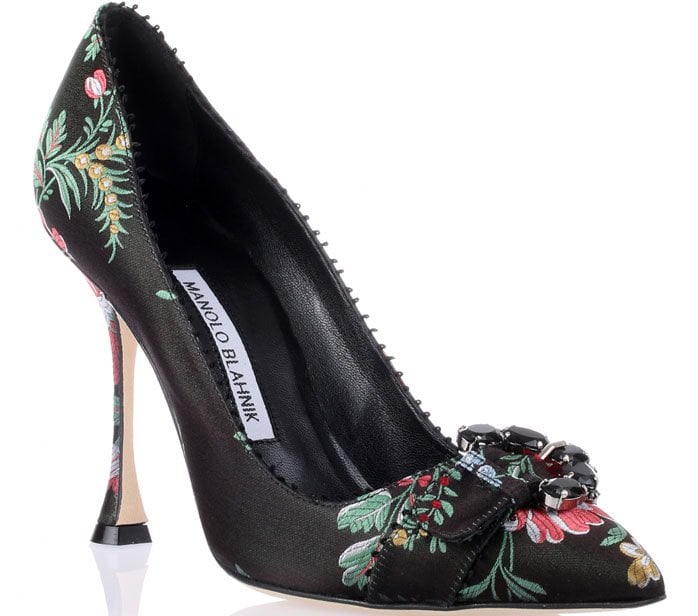 Manolo Blahnik "Minbra" Black Satin Floral Pumps
