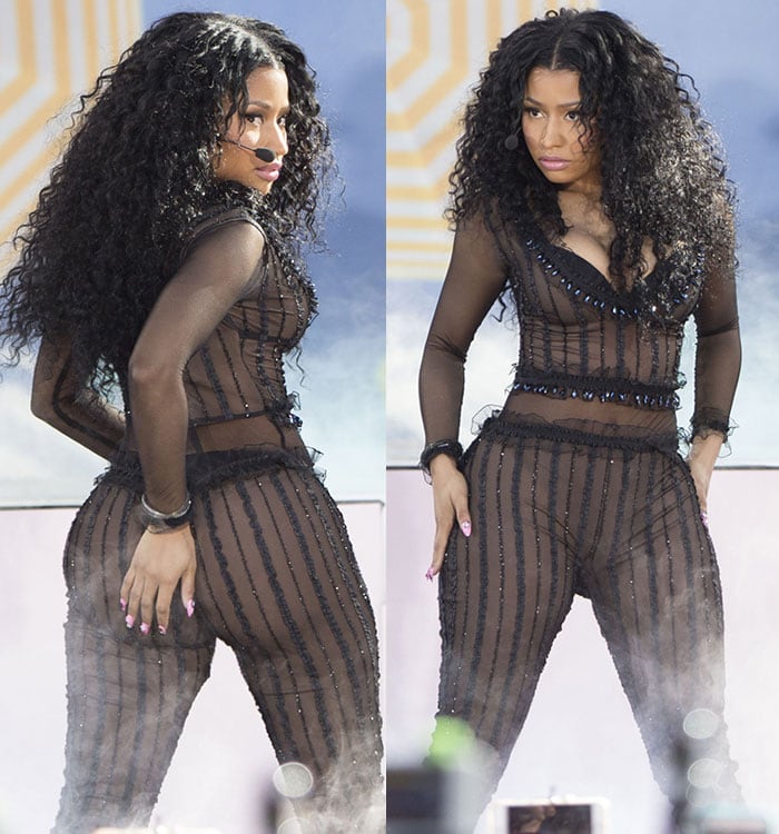 Nicki Minaj turns heads in a sheer striped bodysuit that highlights her curves during a bold and confident performance