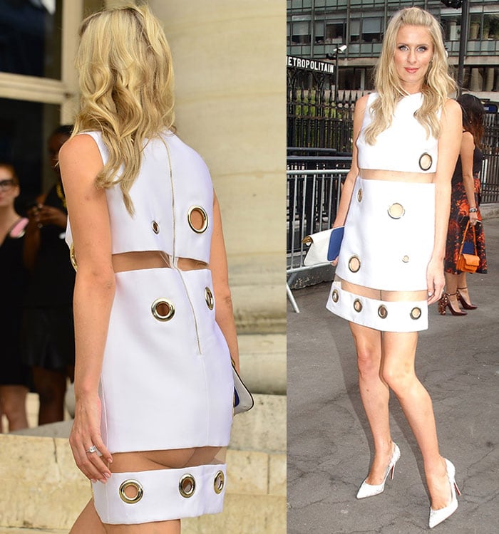 Nicky Hilton displays her ass in what looks like a dress made from a shower curtain