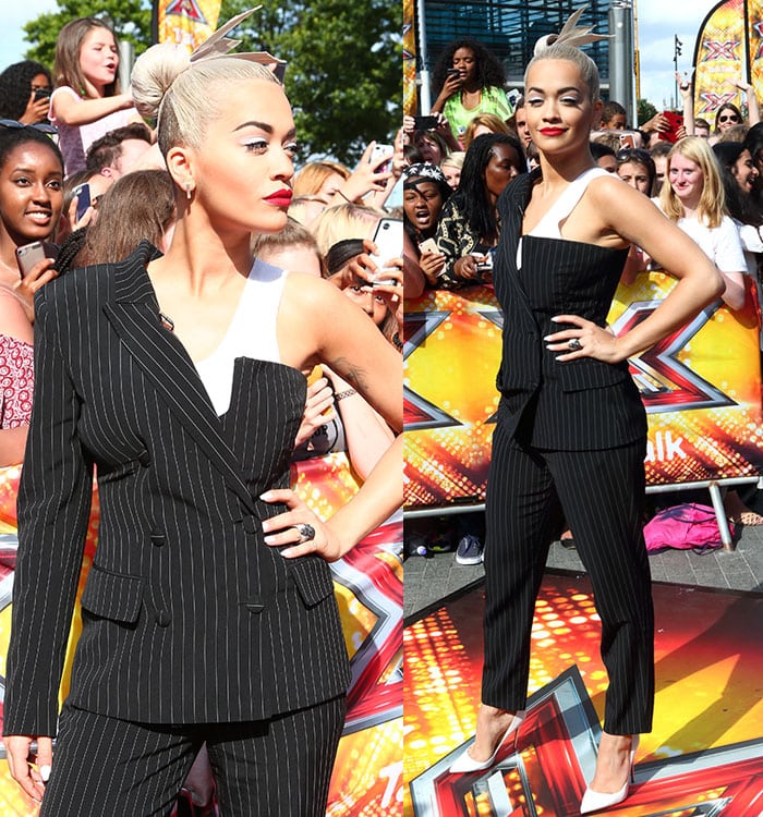 Rita Ora's platinum blonde hair was scraped back into a tightly structured updo