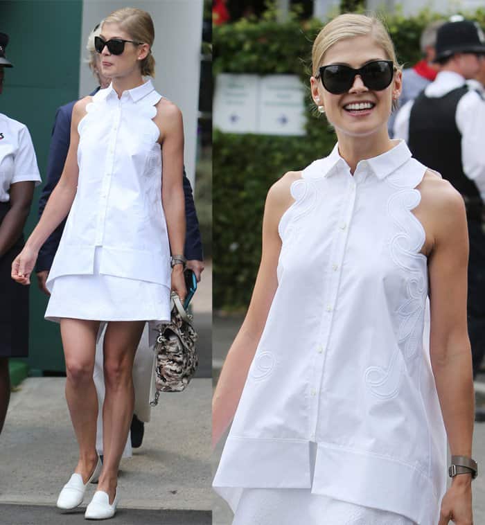 Rosamund Pike's sleeveless scalloped paneled shirt, designed by Antonio Berardi, paired beautifully with a thigh-skimming matching A-line skirt at the Wimbledon Tennis Championship