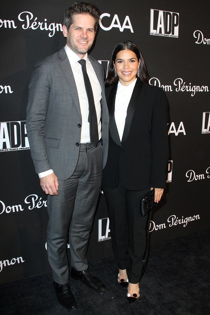 Joined by her husband Ryan Piers Williams, Ferrera suited up in a sharp black Zara tuxedo paired with her statement Malone Souliers heels
