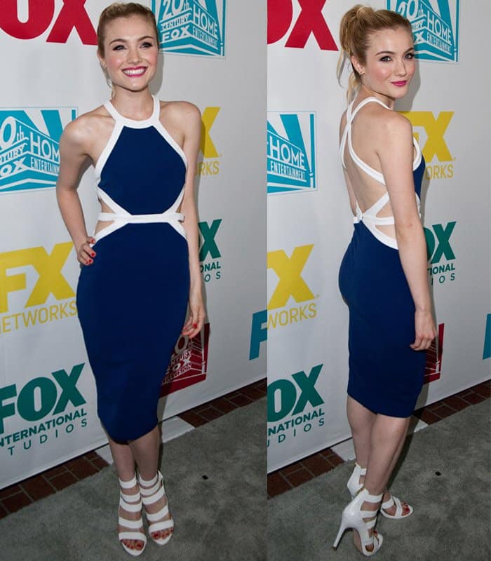 Skyler Samuels turned heads in a sleek cobalt blue cut-out bodycon dress, accentuated by crisp white bandage-style sandals that showcased her fresh, confident Comic-Con style