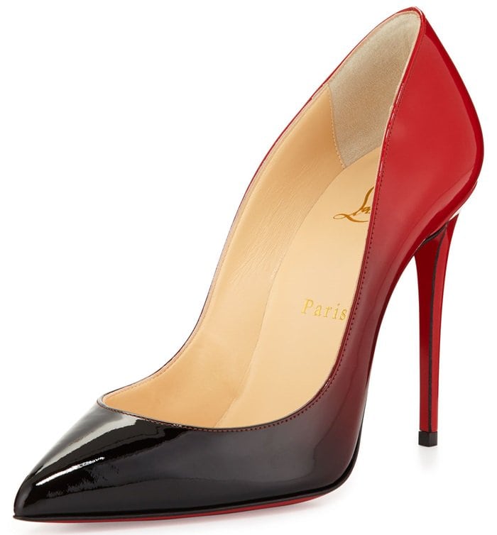 Christian Louboutin’s “Pigalle Follies” dégradé pumps fade from rich crimson patent leather into a glossy black pointed toe, giving the classic stiletto silhouette a darker, moodier finish