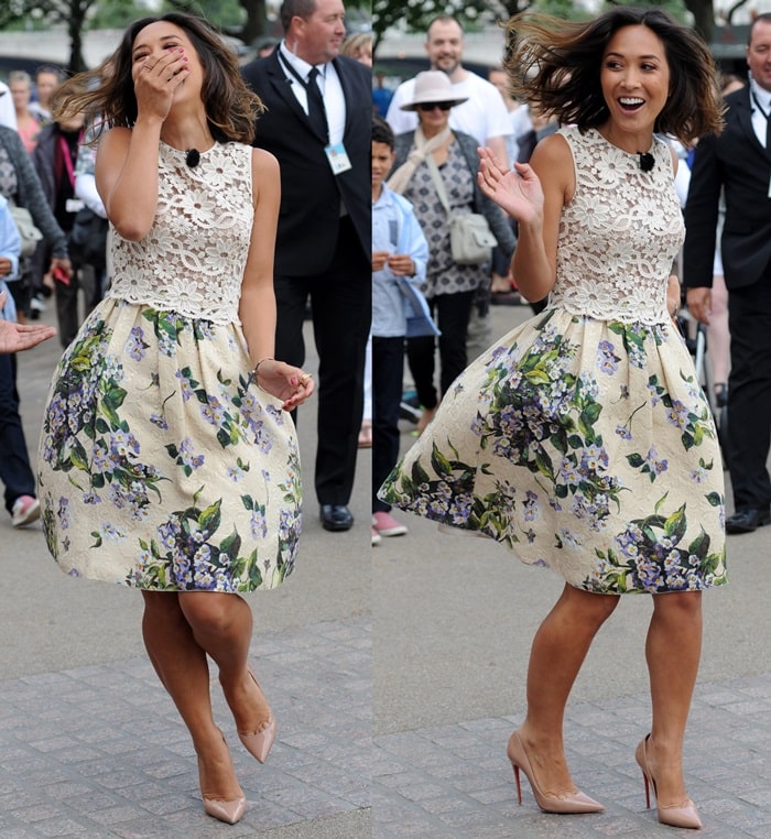 Myleene Klass flaunted her sexy legs in a floral-print circle skirt