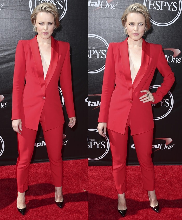 Rachel McAdams brought sharp menswear-inspired glamour to the 2015 ESPY Awards in a plunging crimson Cristiano Burani suit styled with glossy pointed-toe Christian Louboutin pumps