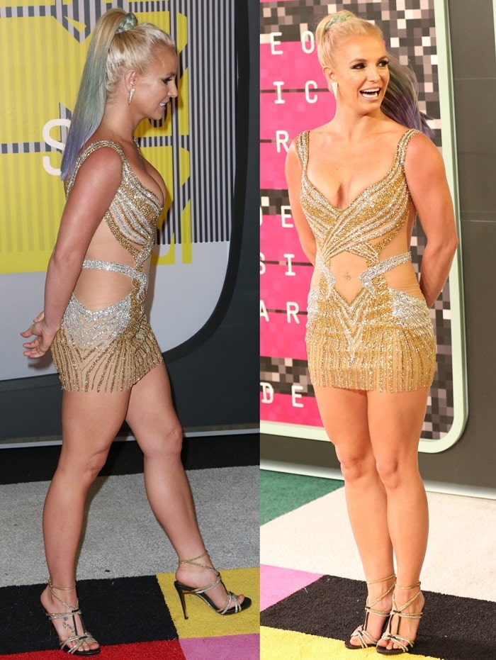 Britney Spears embraced the night’s high-shine party aesthetic in a heavily embellished Labourjoisie mini dress styled with strappy metallic René Caovilla heels and a sleek high ponytail at the 2015 MTV Video Music Awards