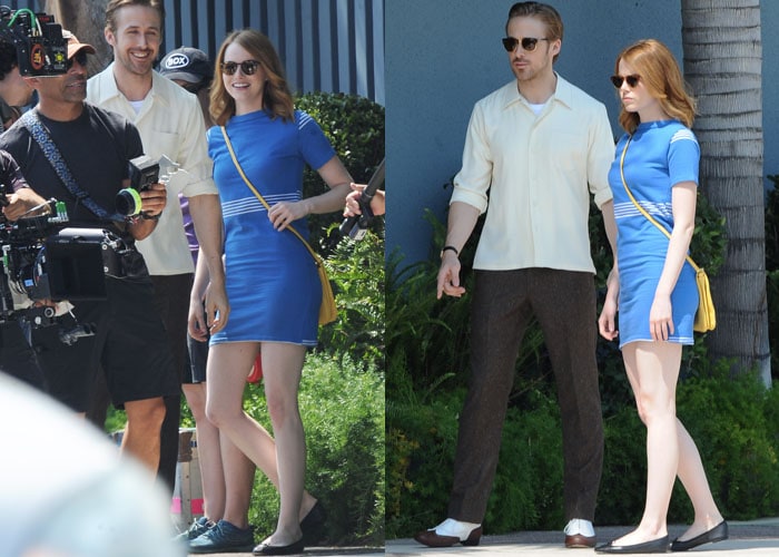 Emma Stone and co-star Ryan Gosling goofing around for a scene in their new movie 'La La Land' in Burbank, California on August 19, 2015
