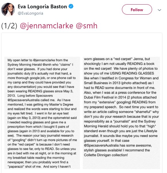 Eva Longoria's angry letter to The Sydney Morning Herald journalist Jenna Clarke