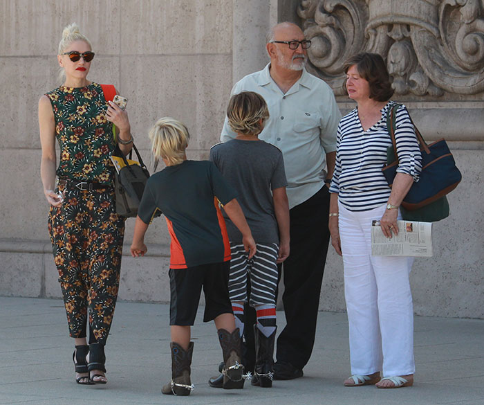 Gwen Stefani heads to church in patterned drop-crotch ensemble