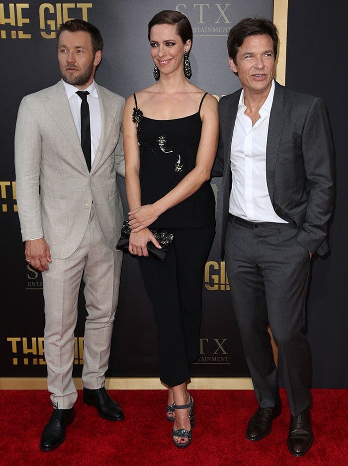 Rebecca Hall, standing taller than her 5ft 10 ¾ co-stars Jason Bateman and Joel Edgerton thanks to her towering Prada heels, cut a striking figure in a vampy black Prada ensemble at The Gift premiere in Los Angeles