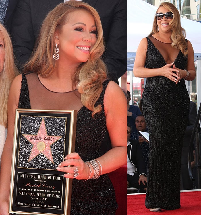 Mariah Carey accessorized with diamond drop earrings and a huge butterfly ring