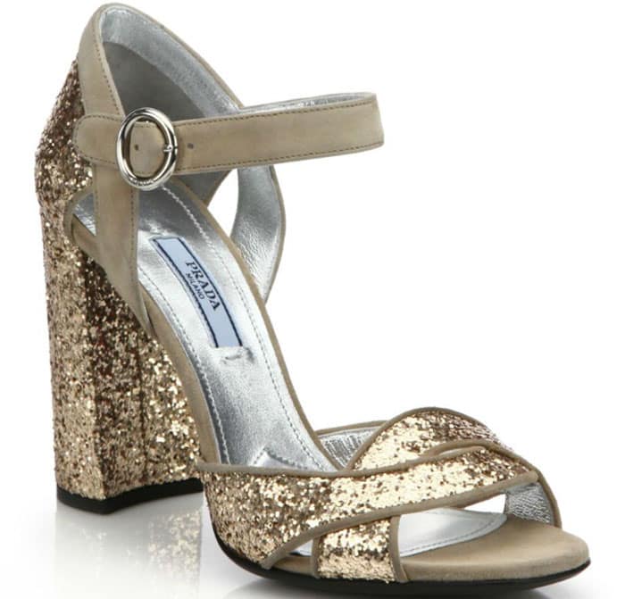 Prada Suede Glitter Ankle-Strap Sandals Gold