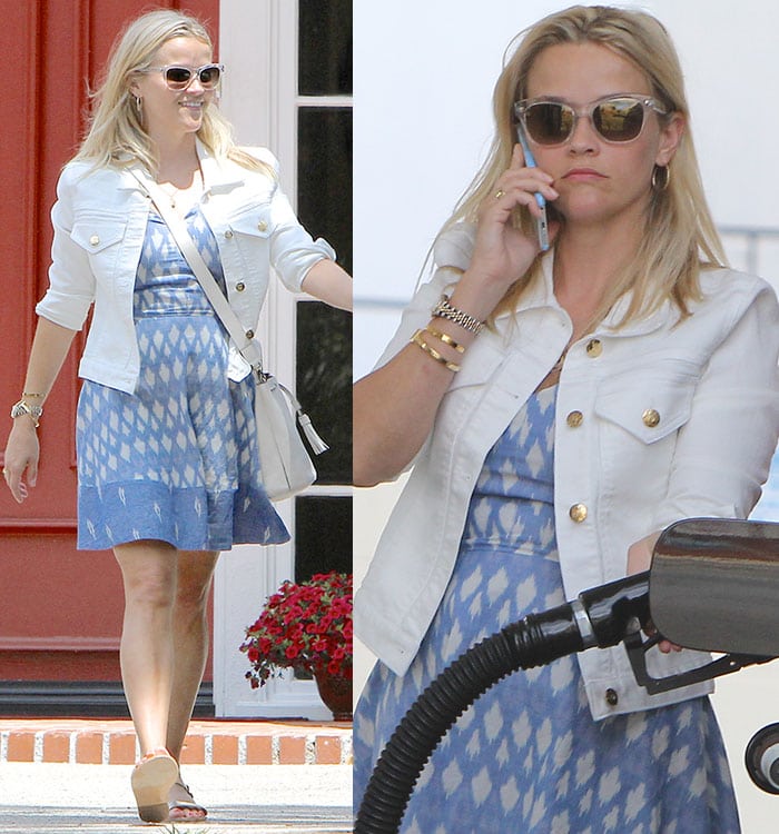 A side-by-side close-up highlights her relaxed street style: structured jacket, patterned dress, and effortless accessories