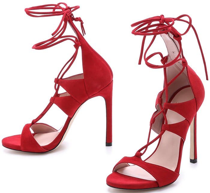 Stuart Weitzman Red Leg Wrap Suede Sandals