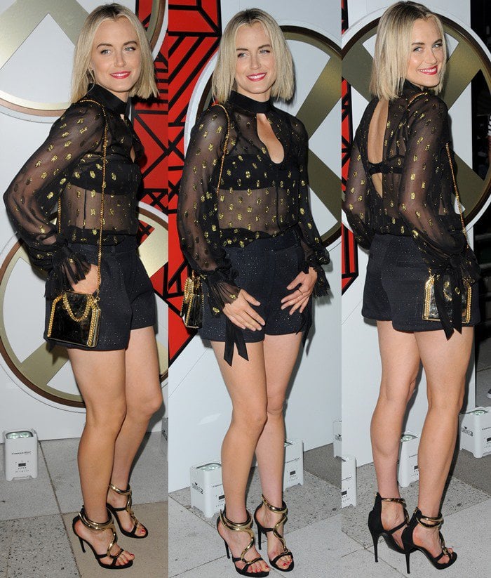 Taylor Schilling flaunts her toned legs in shorts and high heels, but her sheer top fails to impress at the W Hotels event in NYC