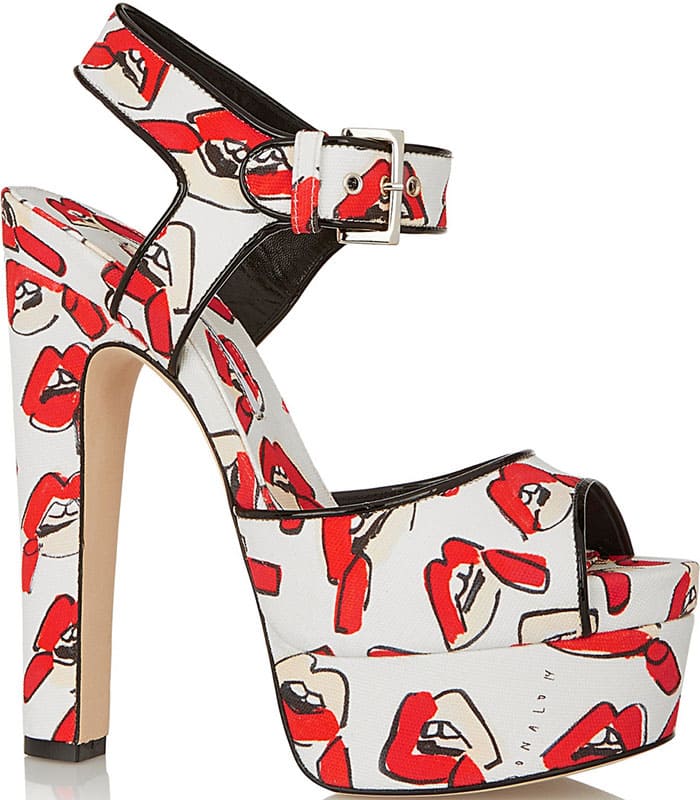 The Brian Atwood x Donald Robertson “Karin” reworks the same dramatic platform silhouette in a playful red-and-white lips print