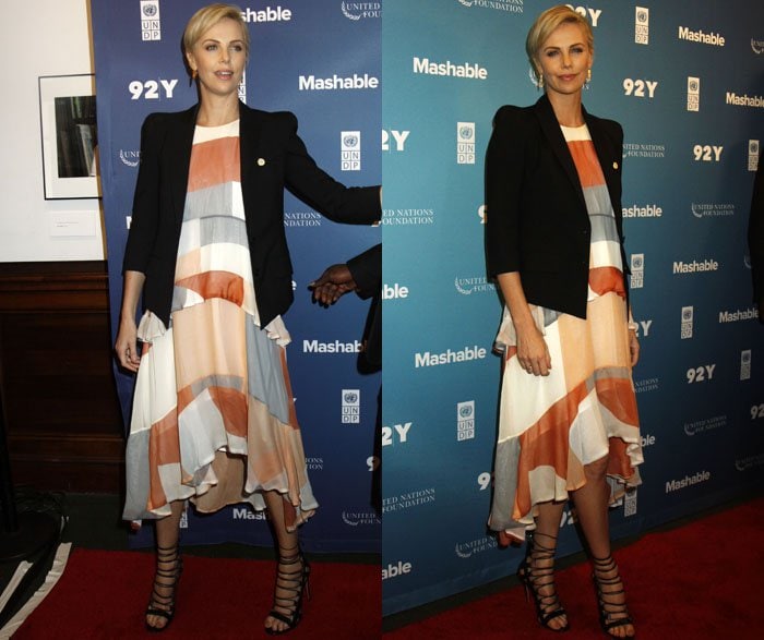 She pairs her flowing color-blocked Zimmermann dress with a sharp black blazer for a modern, relaxed red-carpet silhouette