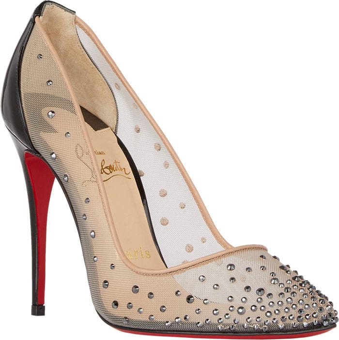 Christian Louboutin’s iconic Follies Strass pumps feature whisper-thin nude mesh scattered with hand-placed crystals, creating the illusion of sparkle floating directly on the skin above the brand’s signature red sole