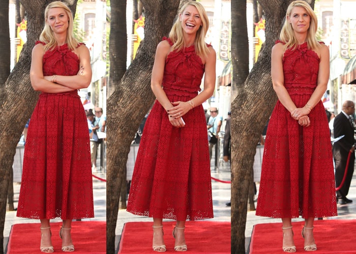 Claire Danes stuns on the red carpet in a red Oscar de la Renta dress paired with nude ankle-strap heels